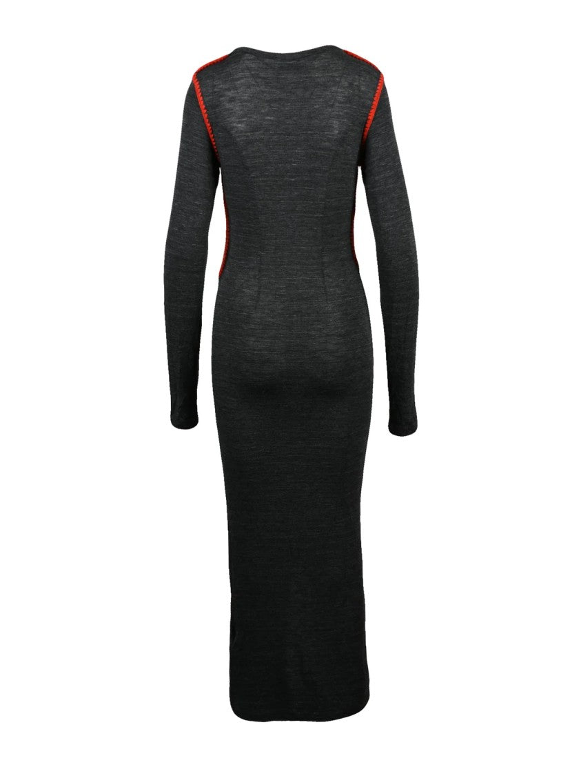 Off-White Fitted Knit Midi Dress With Contrast Stitching