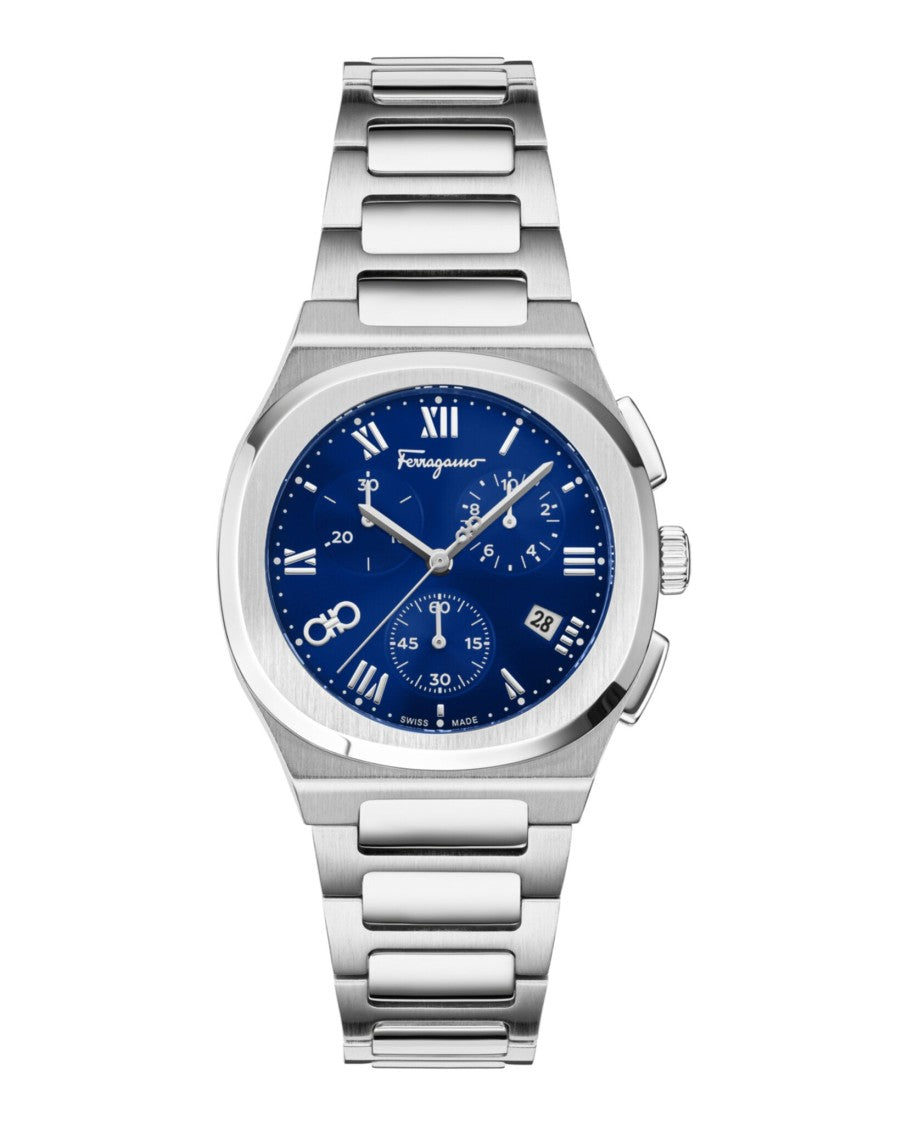 Ferragamo Swiss-Made Elliptical Chronograph Watch With Blue Sunray Dial