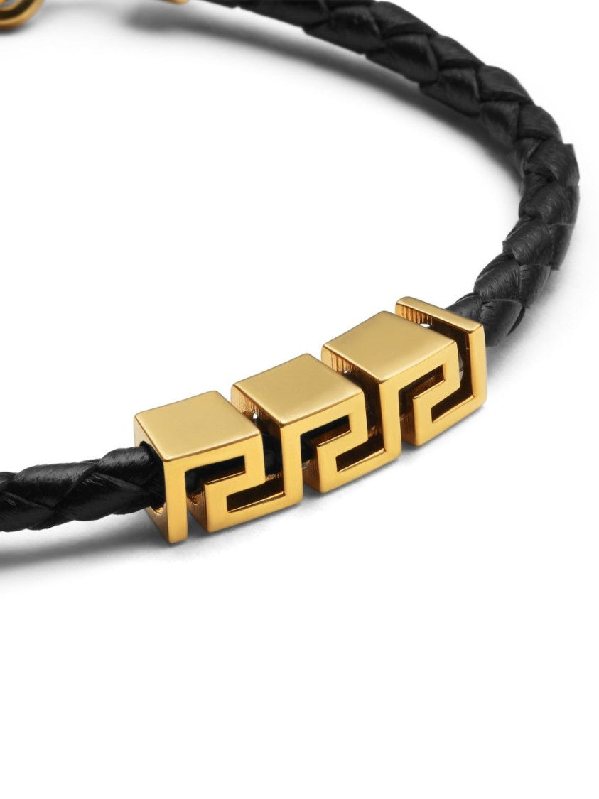 Versace Braided Black Bracelet With Gold Geometric Accents