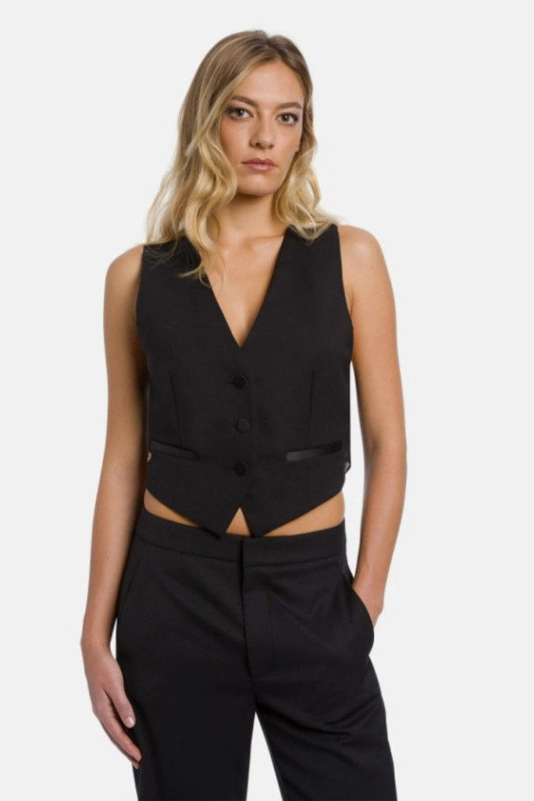 Dondup Black Polyester-Wool Satin-Back Waistcoat
