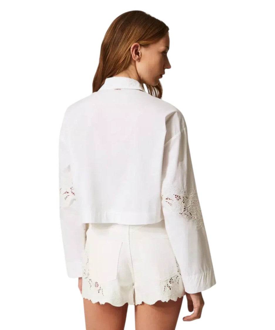 Twin-Set Cropped Long-Sleeve Shirt With Floral Embroidery
