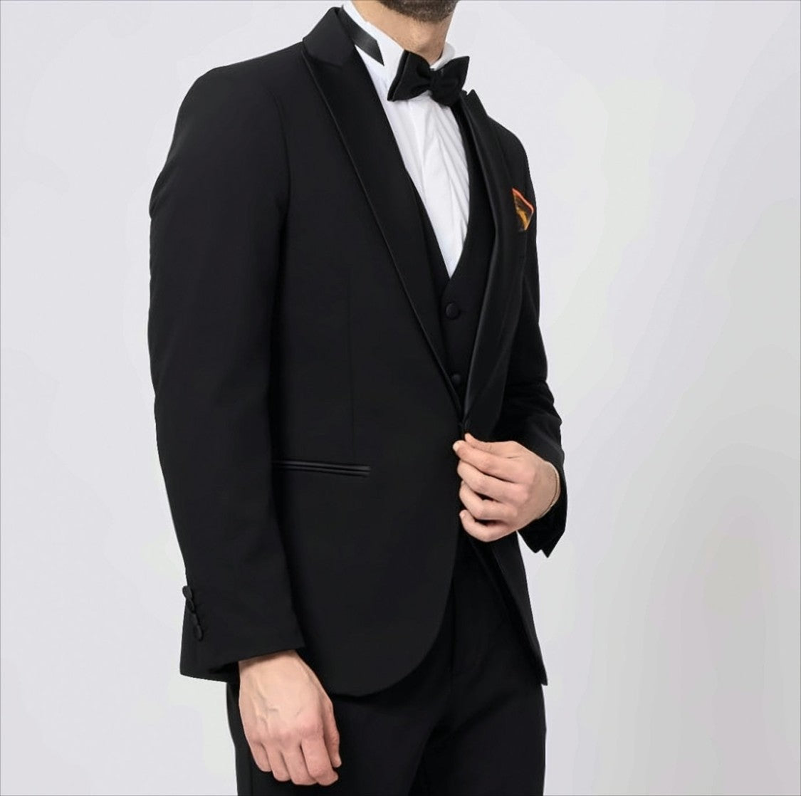 Bharnaba Black Tuxedo Suit With Satin Peak Lapel