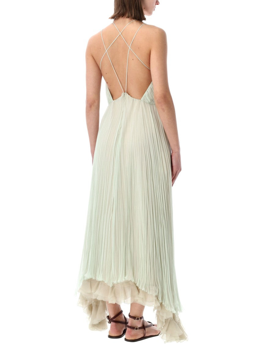 Alberta Ferretti Chiffon Pleated Open Back Maxi Dress