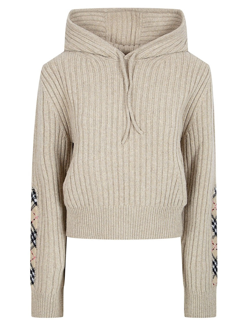 Burberry Ribbed Knit Cropped Hoodie Sweater With Check Patch Detail