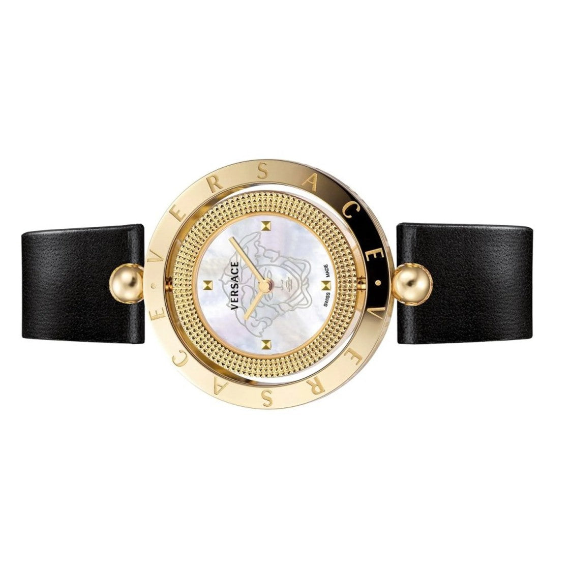 Versace Gold-Tone Stainless Steel Quartz Watch With Nacre Dial And Black Leather Strap