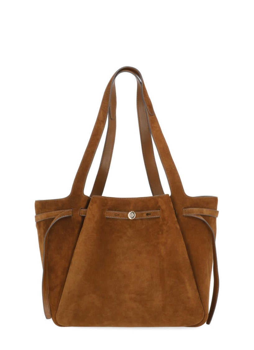 Tory Burch Brown Suede Gold Logo Trapezoidal Shoulder Bag