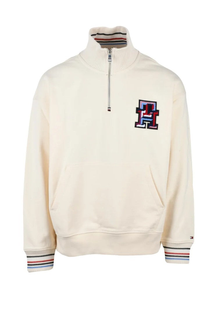 Tommy Hilfiger Cream Cotton Men Zip Neck Sweatshirt