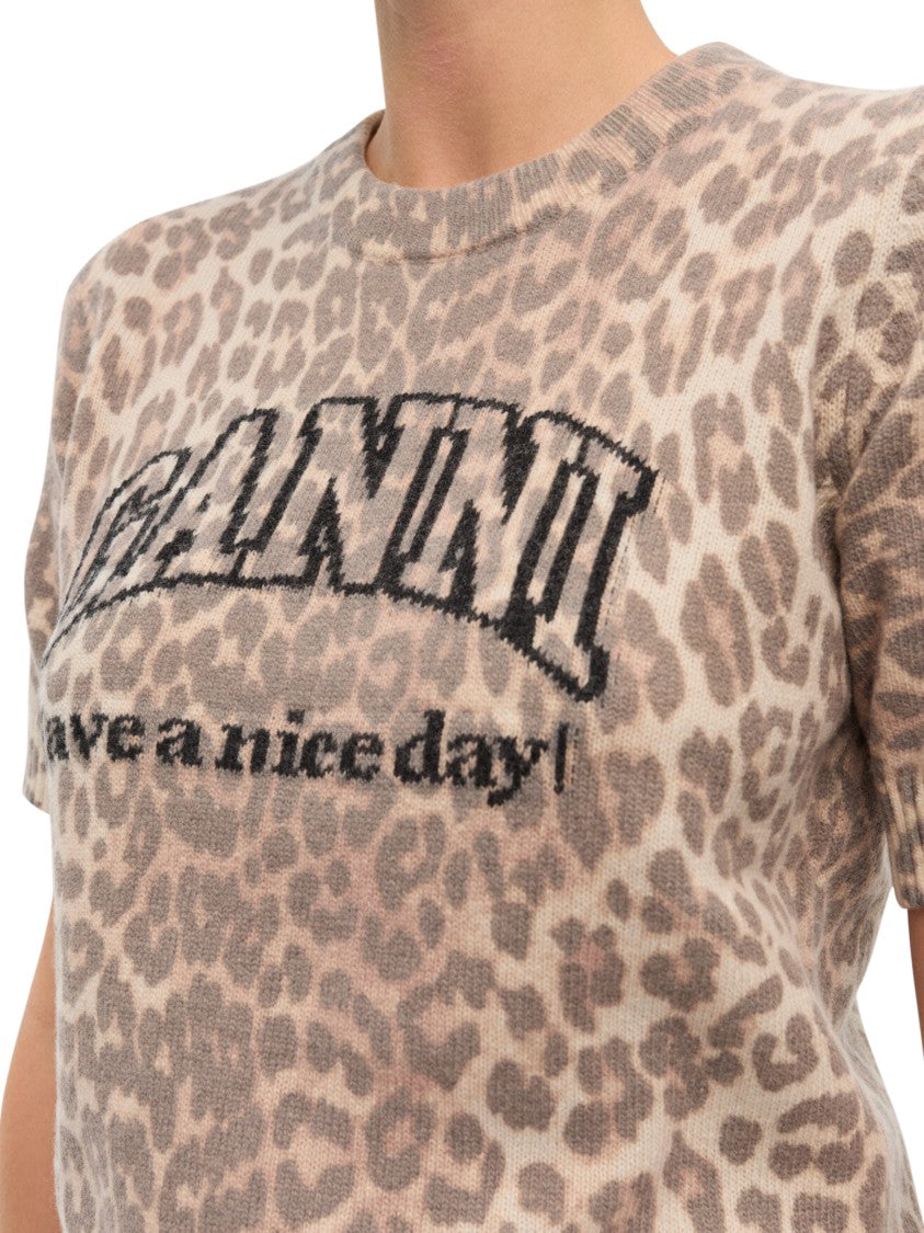 Ganni Leopard Print Wool Blend Ganni T-Shirt With Graphic Design