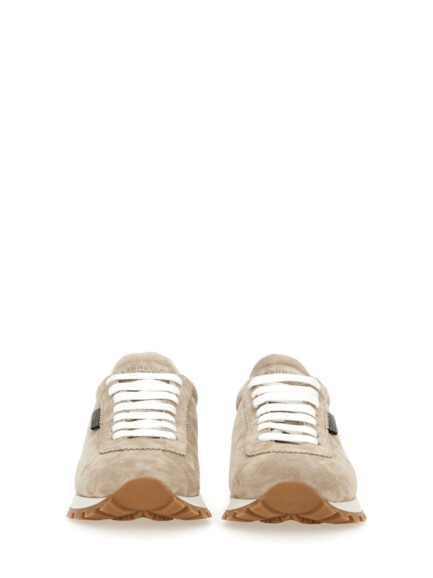 Brunello Cucinelli Suede Sneakers With Metallic Tab And Gum Sole