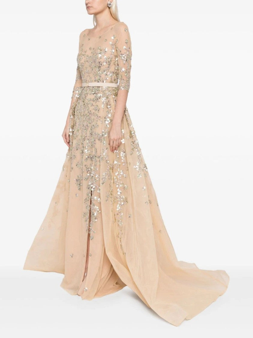 Saiid Kobeisy Tulle Beaded Dress With Envelope Skirt And Overskirt