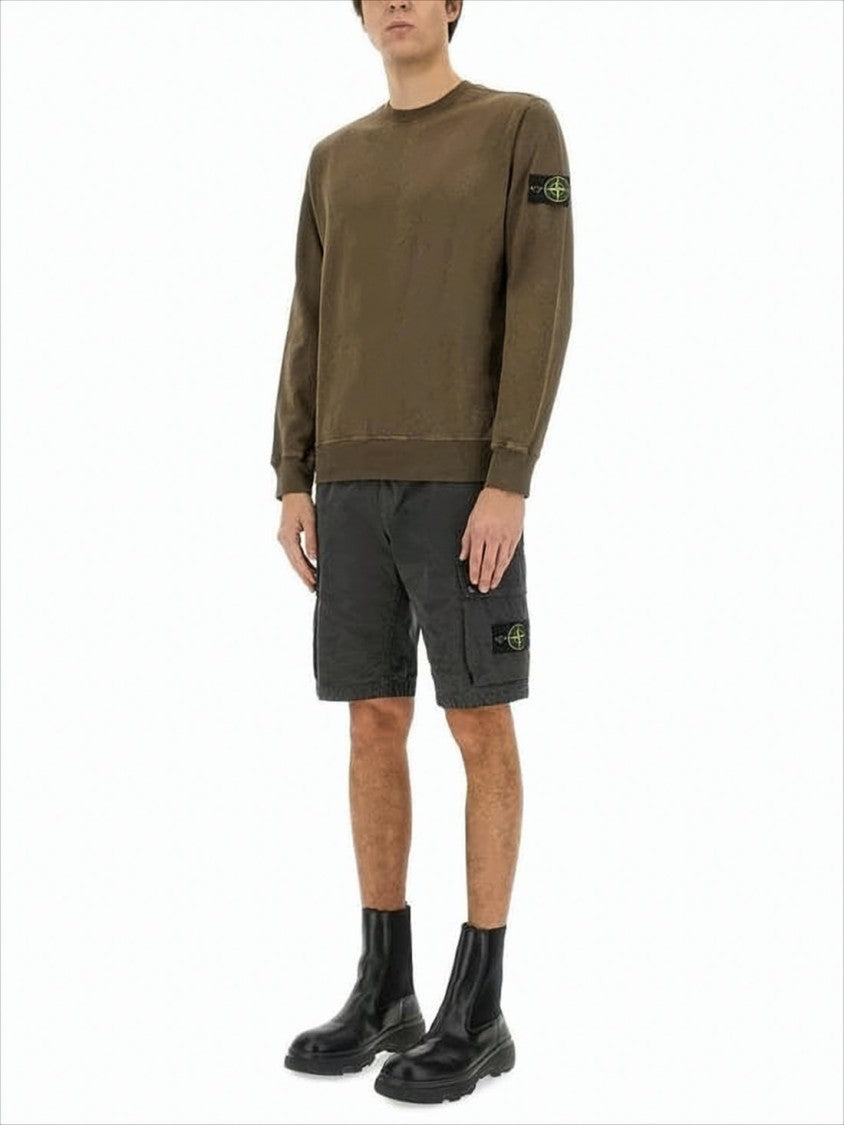Stone Island Olive Green Long-Sleeve Sweatshirt With Ribbed Cuffs And Compass Patch
