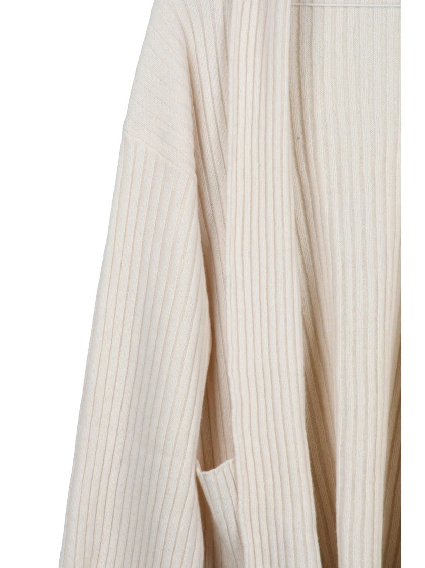 Seventy White Open-Front Ribbed Knit Wool Cardigan