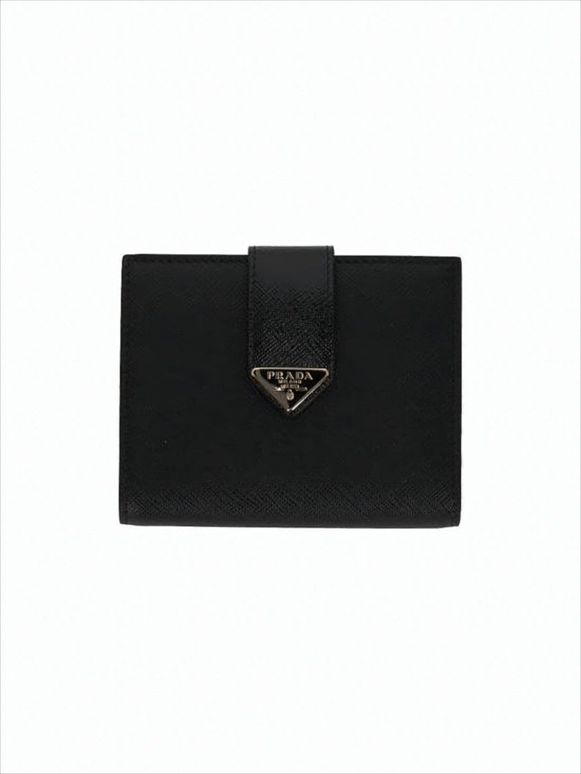 Prada Compact Black Calf Leather Wallet With Triangular Logo