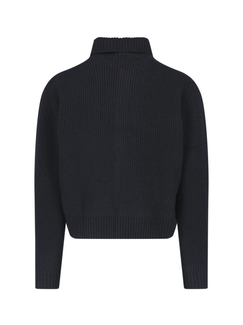 Tonywack Black Ribbed Asymmetrical Collar Merino Wool-Blend Cardigan