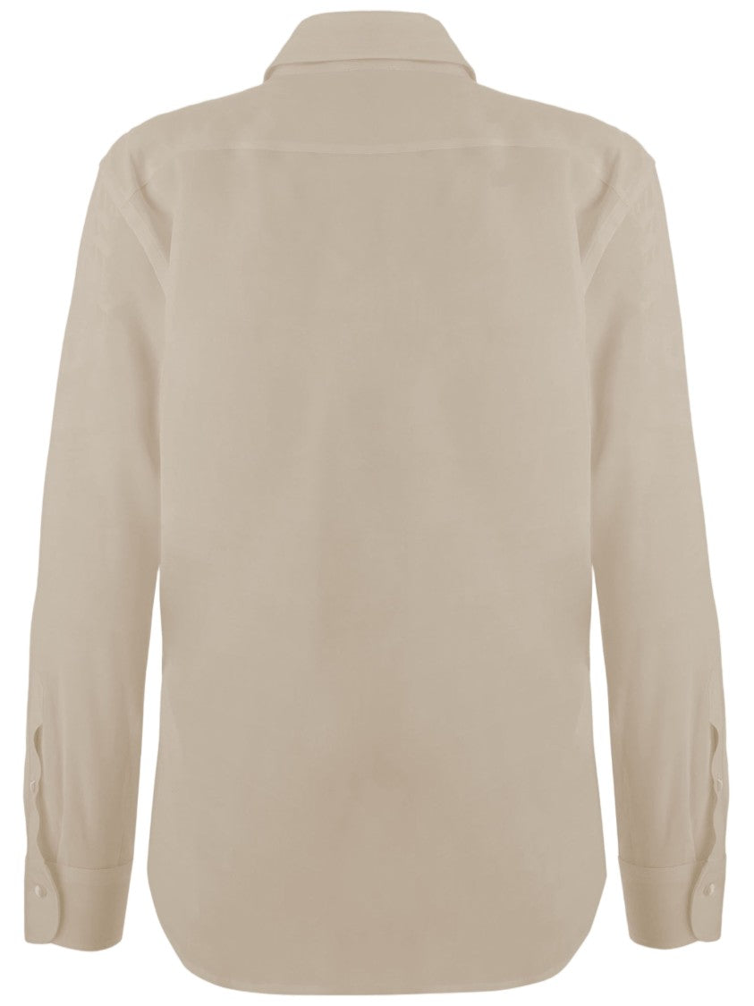 Her Shirt Beige Classic Collar Buttoned Cuffs Stretch Silk Shirt