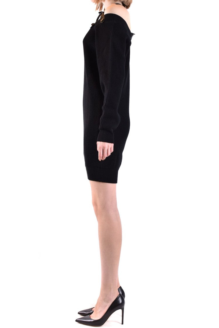 Moschino Fitted Black Wool Mini Dress Off-Shoulder