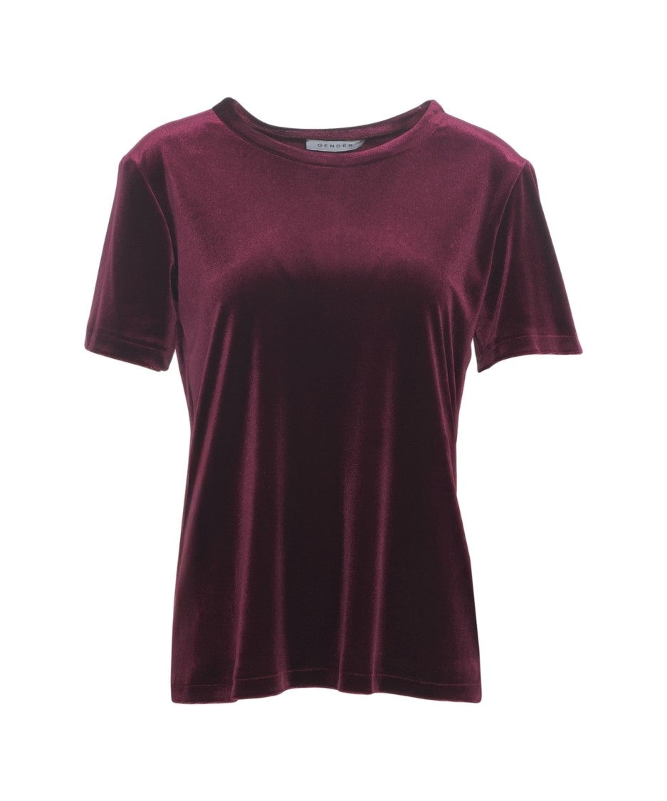 Gender Burgundy Velvet T-Shirt With Classic Round Neckline