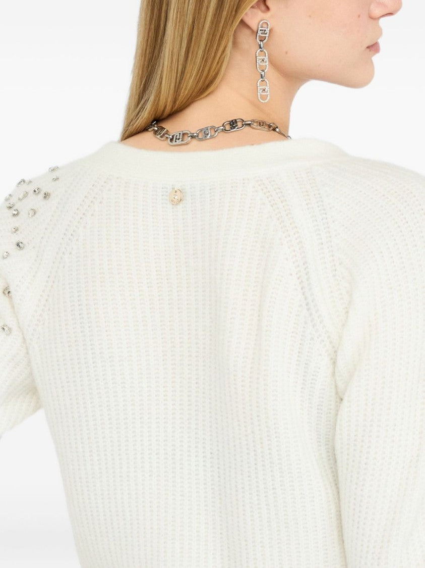 Liu Jo Textured White Sweater With Deep V-Neckline And Embellished Shoulder