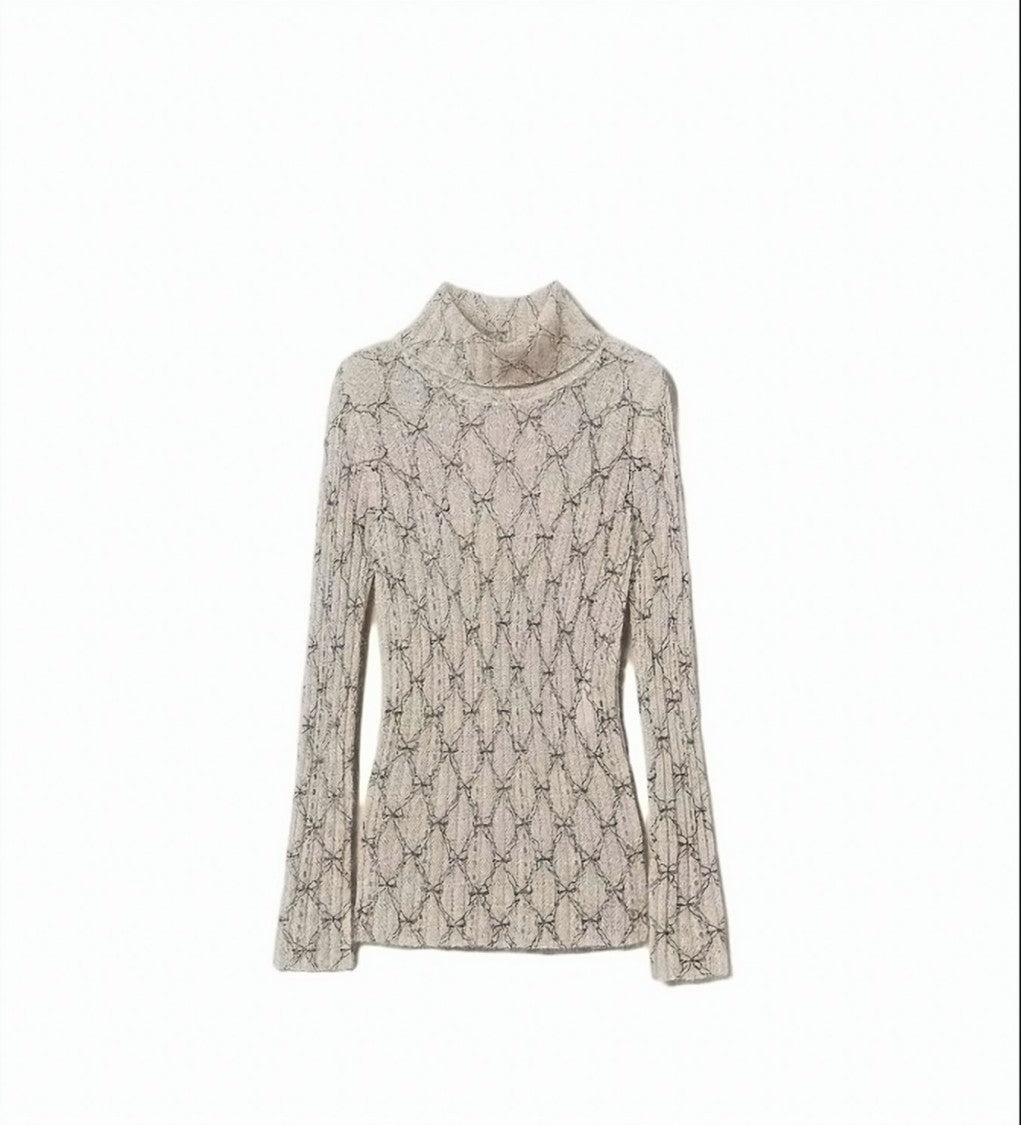 Twin-Set White Cream/Black Mohair-Blend Metallic Bow Print Turtleneck Top