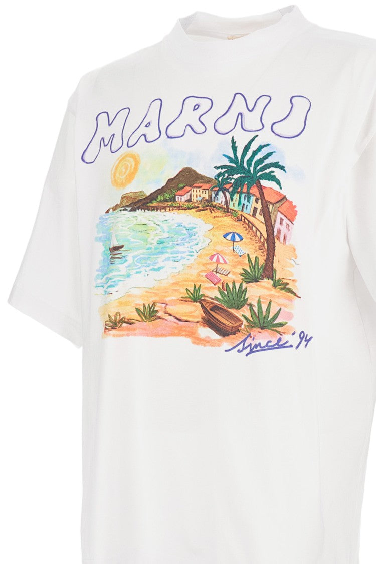 Marni Oversized Crew Neck T-Shirt With Multicolor Beach Scene Print