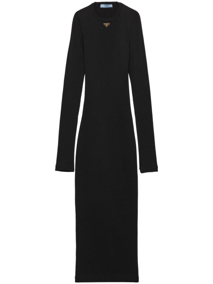 Prada Fitted Black Midi Dress With Ribbed Texture And Logo Detail