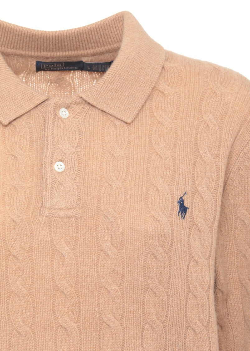 Polo Ralph Lauren Beige Button Collar Cable-Knit Wool Sweater