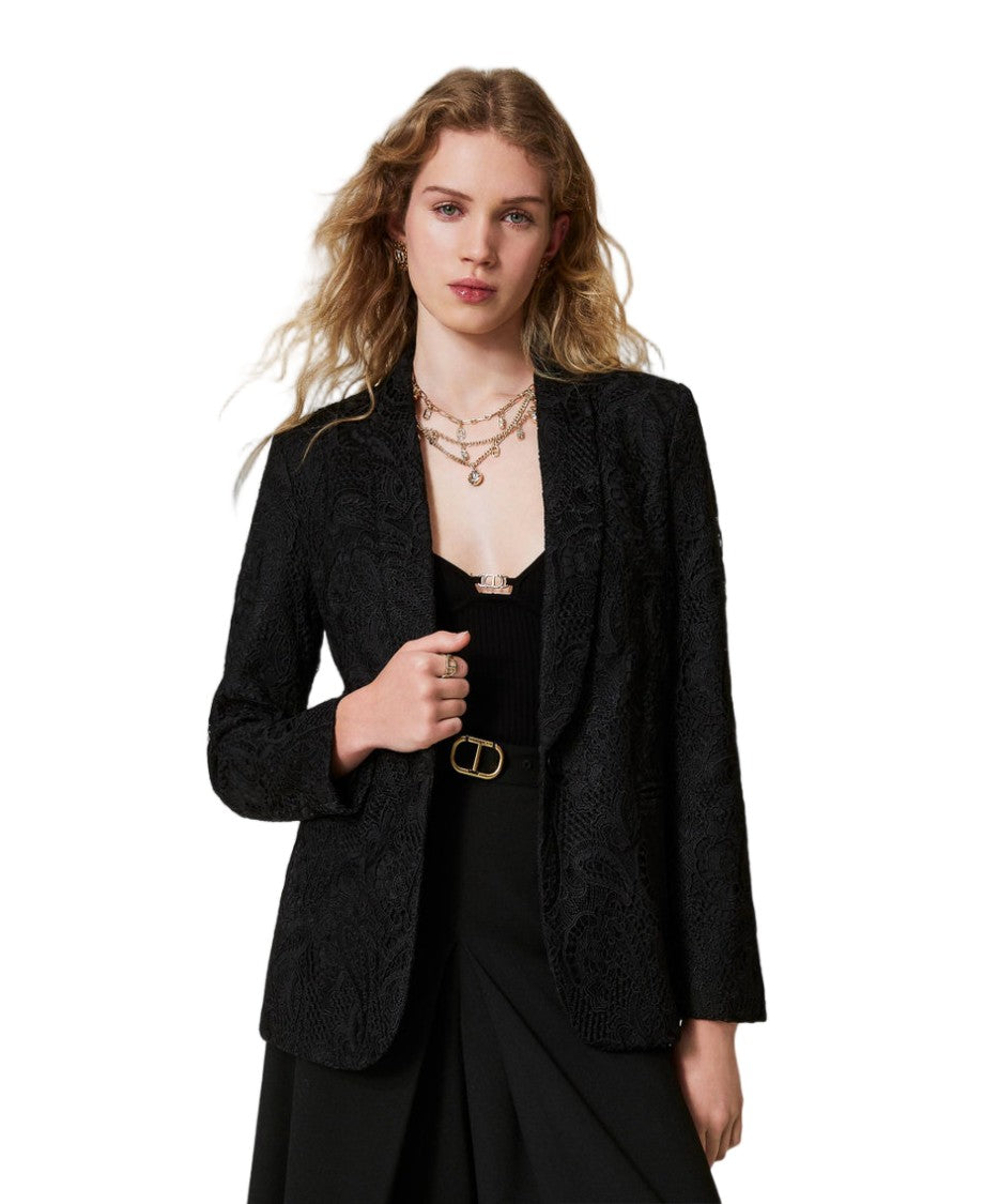 Twin-Set Black Paisley Macramé Lace Crêpe De Chine Lined Blazer