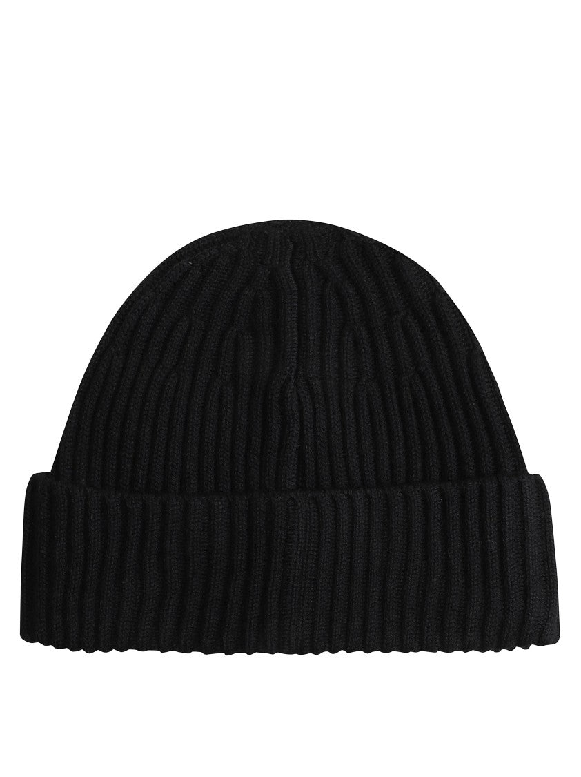 Stone Island Ribbed Black Beanie With Folded Cuff