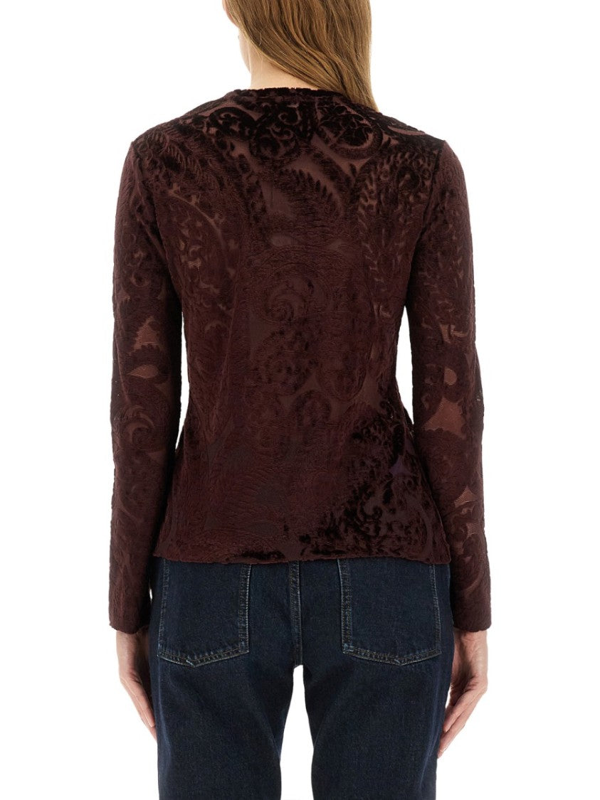 Etro Textured Velvet Long-Sleeve Top With Floral Patterns