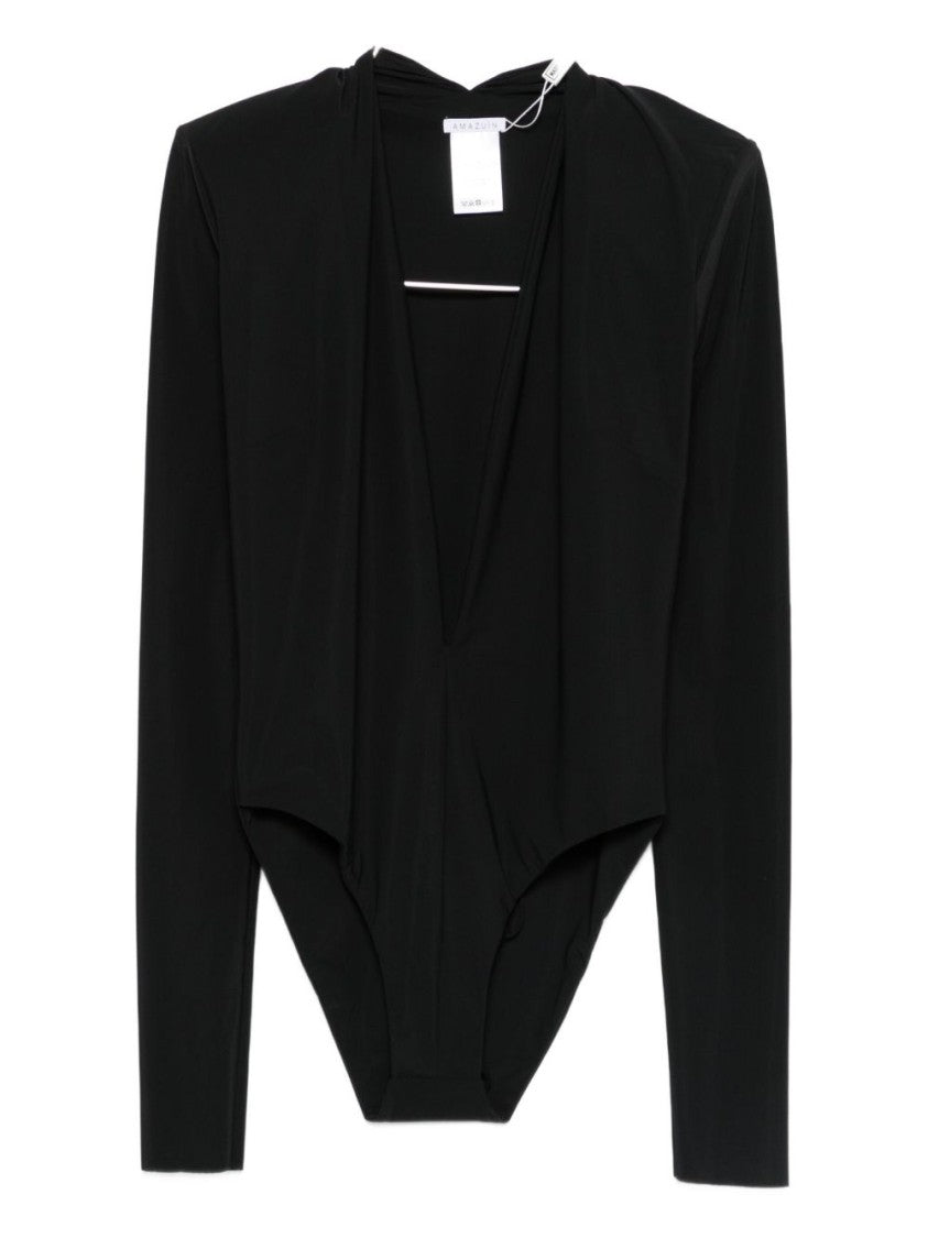 Amazuin Plunging Neckline Black Bodysuit