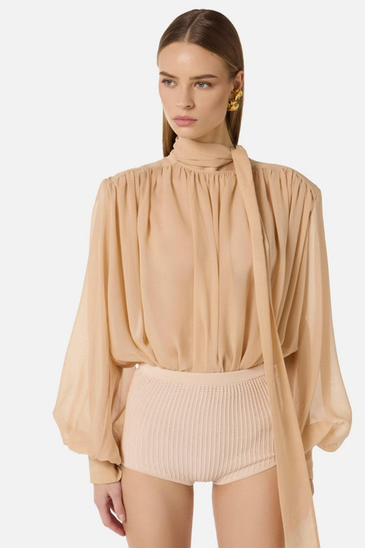 Elisabetta Franchi Beige Tie-Neck Bishop Sleeve Silk Bodysuit