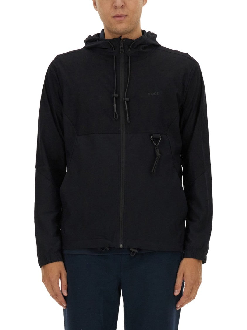 Boss Zip-Up Black Technical Fabric Hooded Sweatshirt