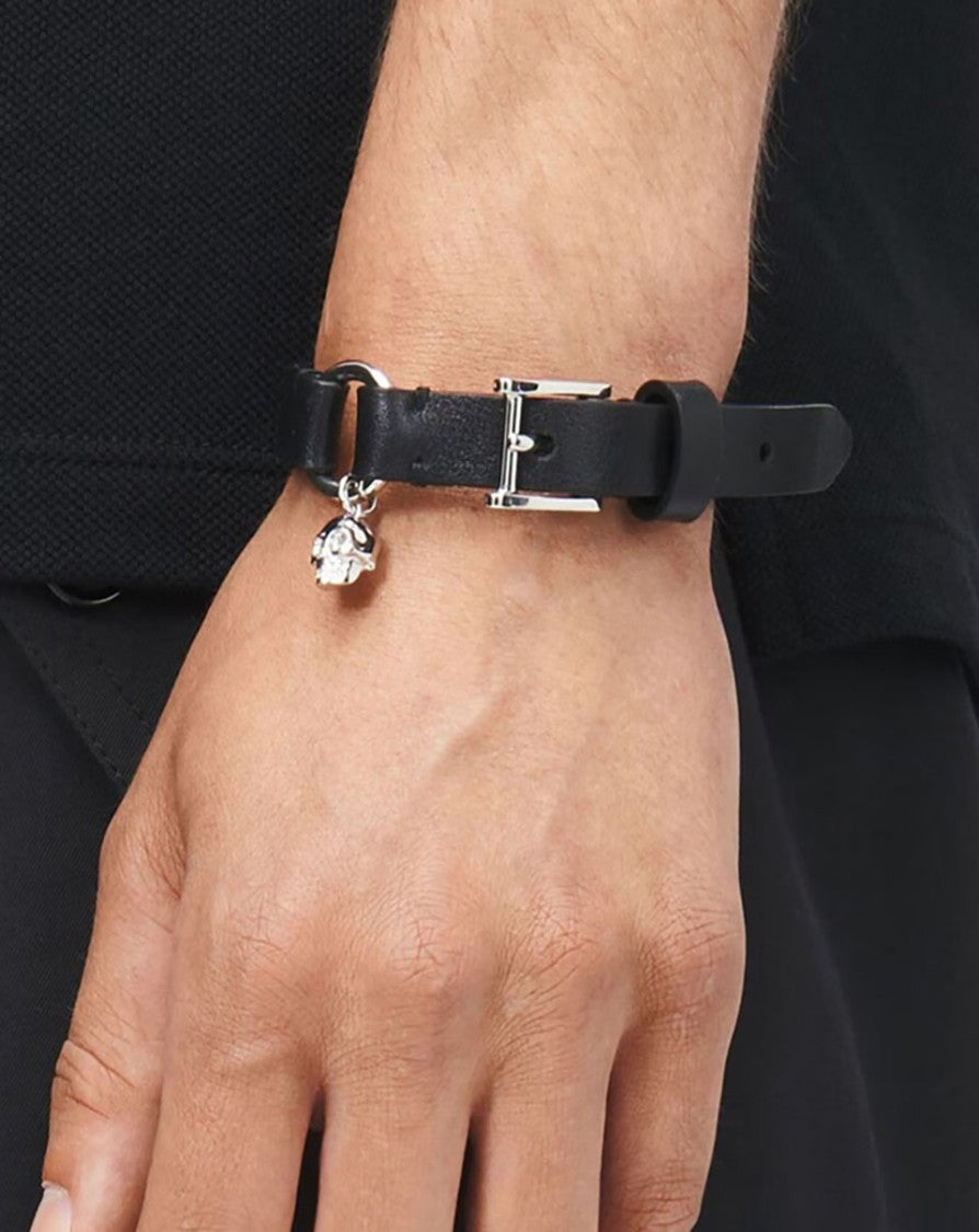 Alexander Mcqueen Skull Ring Leather Bracelet Black