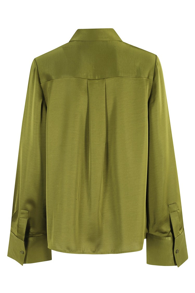 Essentiel Antwerp Boxy Olive Shirt With Classic Collar And Pleated Back Detail