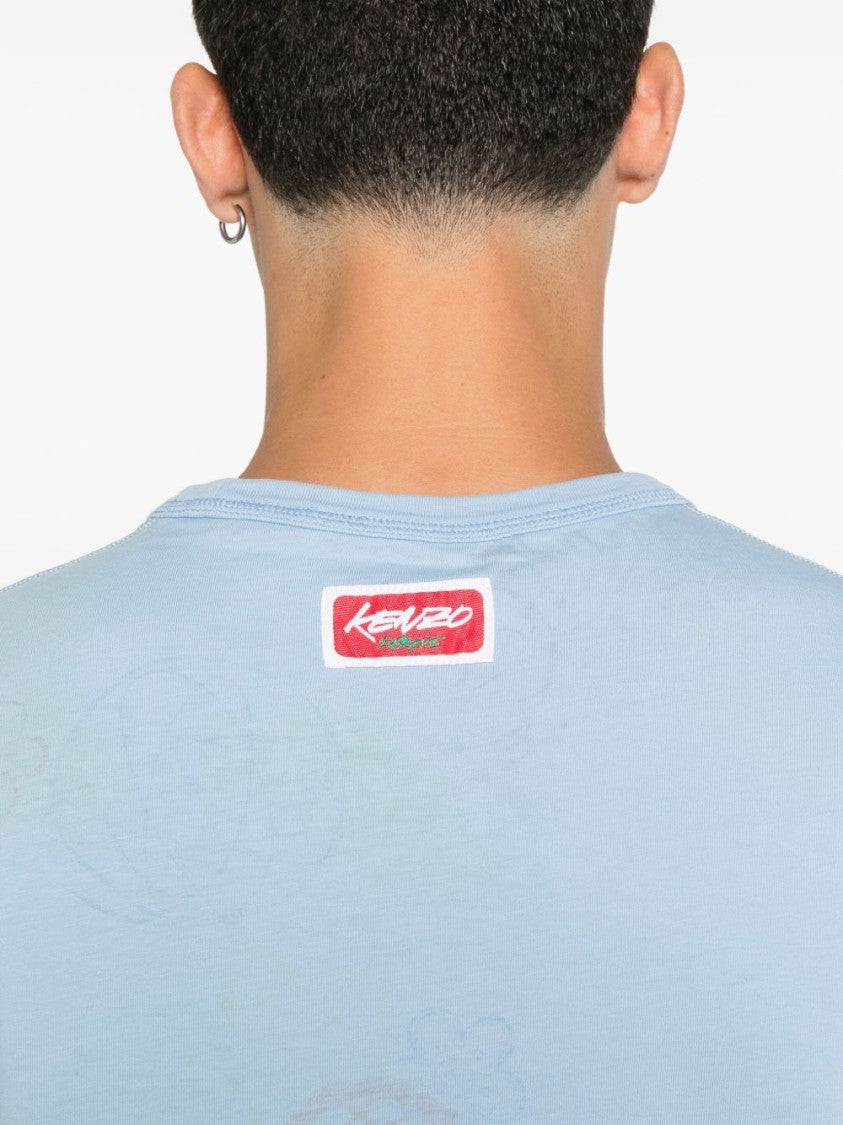 Kenzo Light Blue Logo Print T-Shirt With Floral Detail