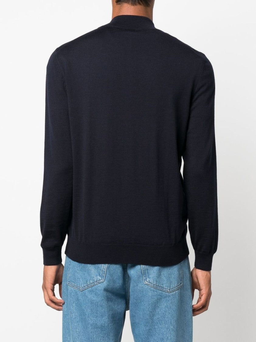Boss Full-Zip Blue Virgin Wool Sweater With High Collar