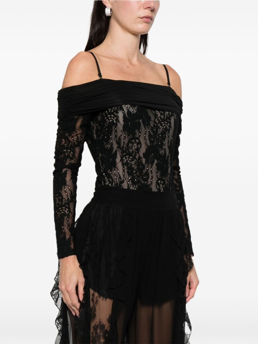 Zimmermann Off-Shoulder Sheer Lace Bodysuit With Floral Embellishments