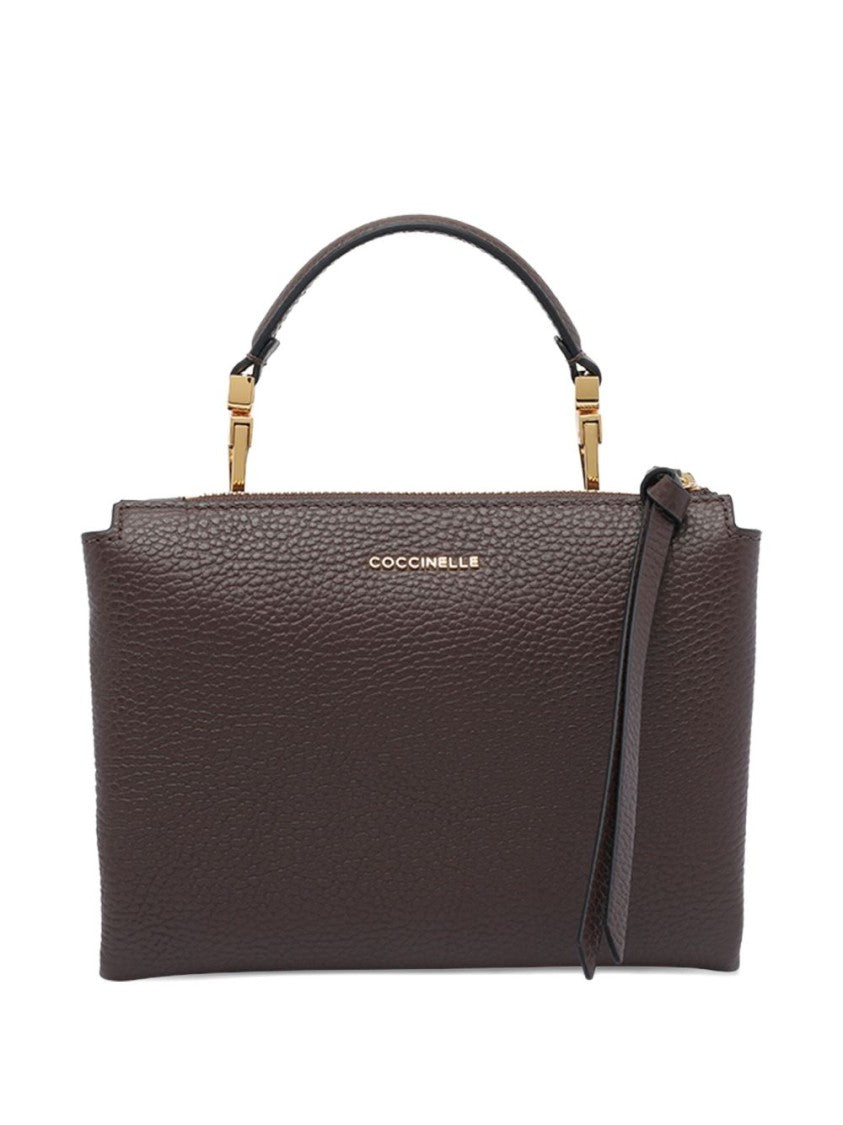 Coccinelle Structured Brown Leather Handbag With Gold Clasp