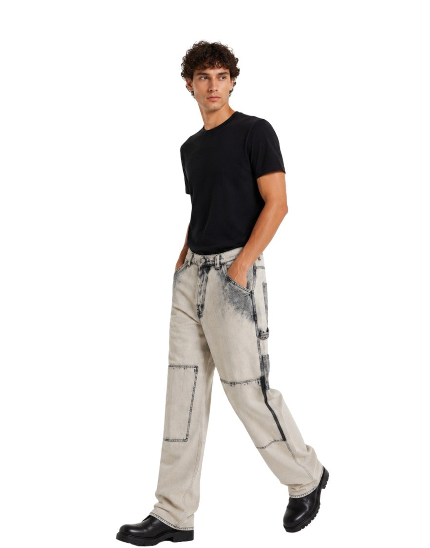 Nine In The Morning Contrast-Wash Pat Cotton Denim Carpenter Jeans