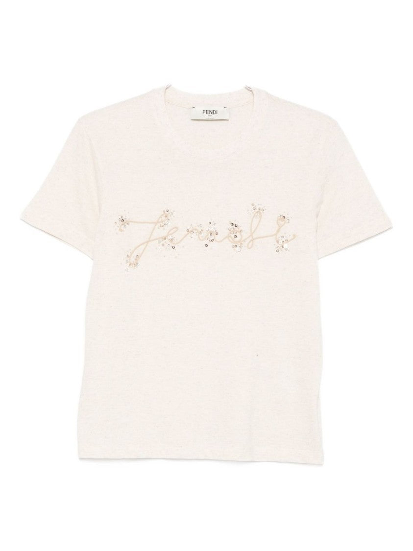Fendi Beige Mélange Linen-Cotton Blend T-Shirt With Sequins