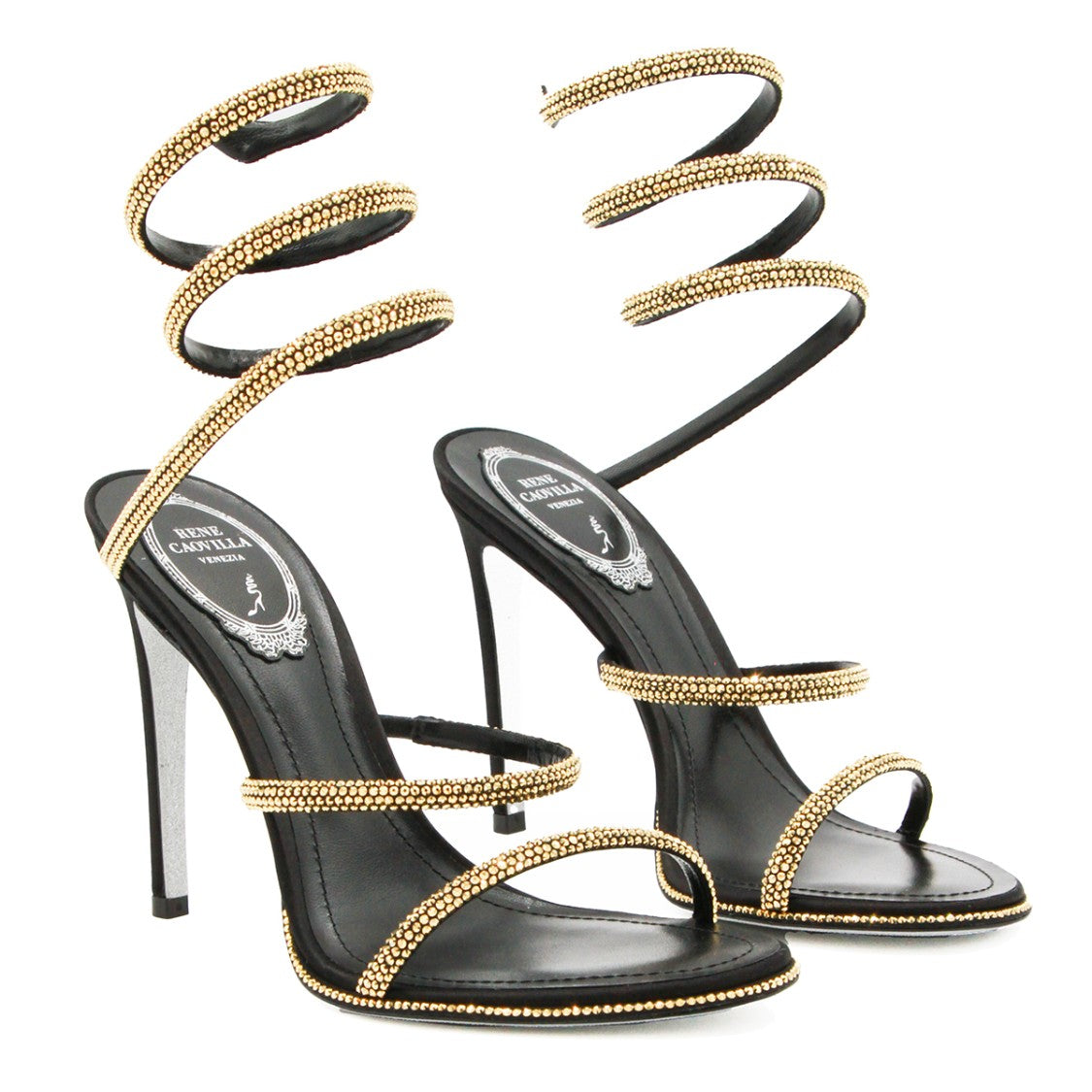 René Caovilla Black Leather Strass Sandals