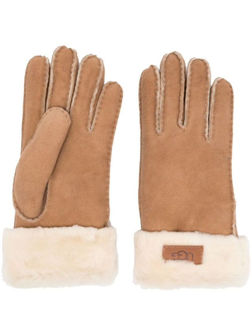 Ugg Brown Shearling-Cuff Soft Suede Gloves