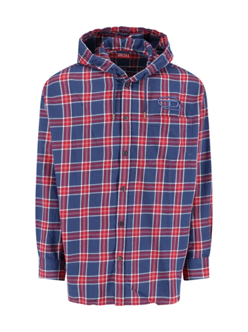 Diesel Hooded Plaid Shirt With Button-Down Front And Logo Detail
