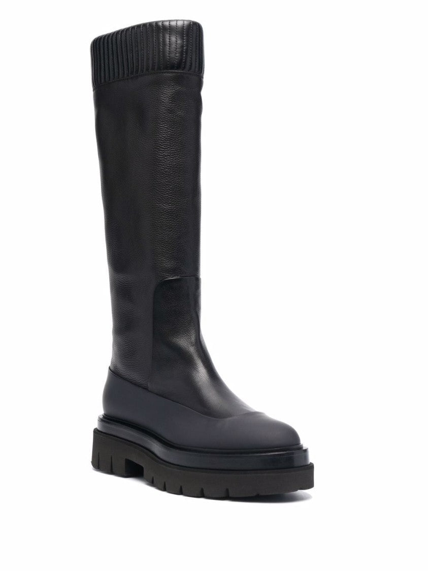 Santoni Black Ribbed Leather Knee-High Boots