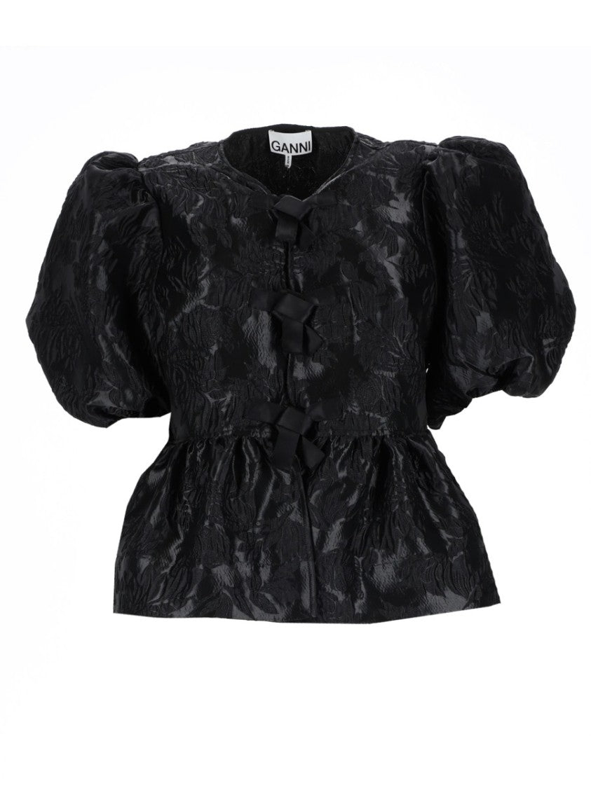 Ganni Textured Floral Jacquard Peplum Blouse