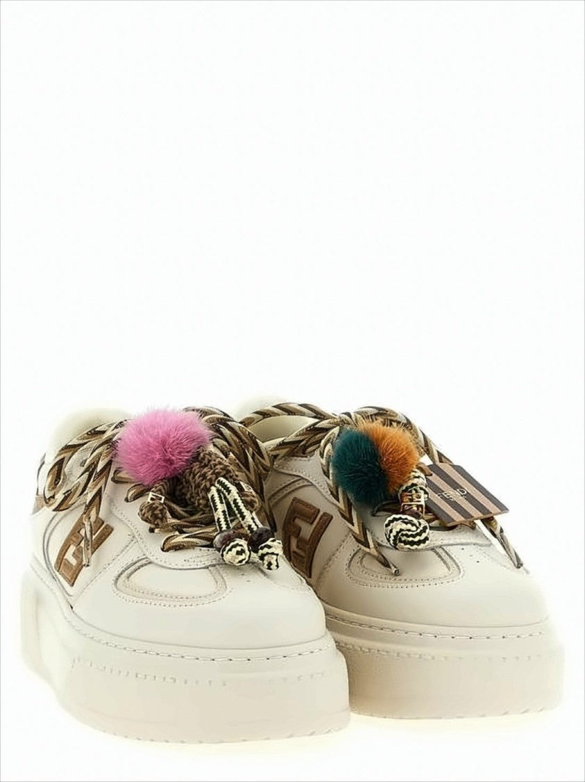 Fendi Creamy Leather Sneakers With Colorful Pom-Poms