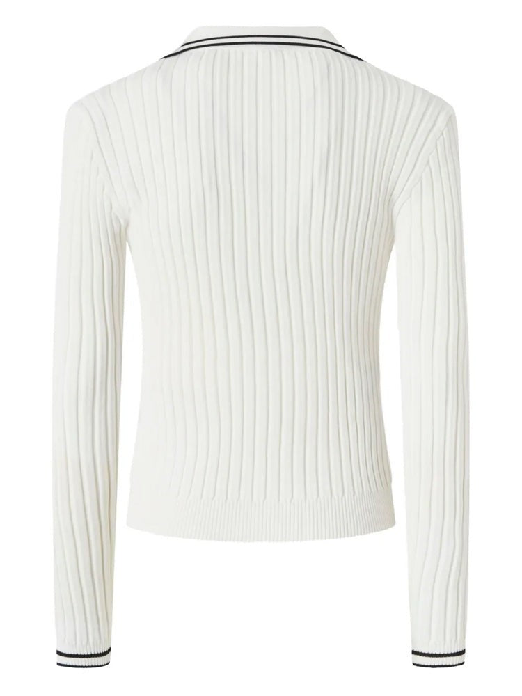 Pinko Ribbed Knit Polo-Style Sweater With Black Stripe Accents