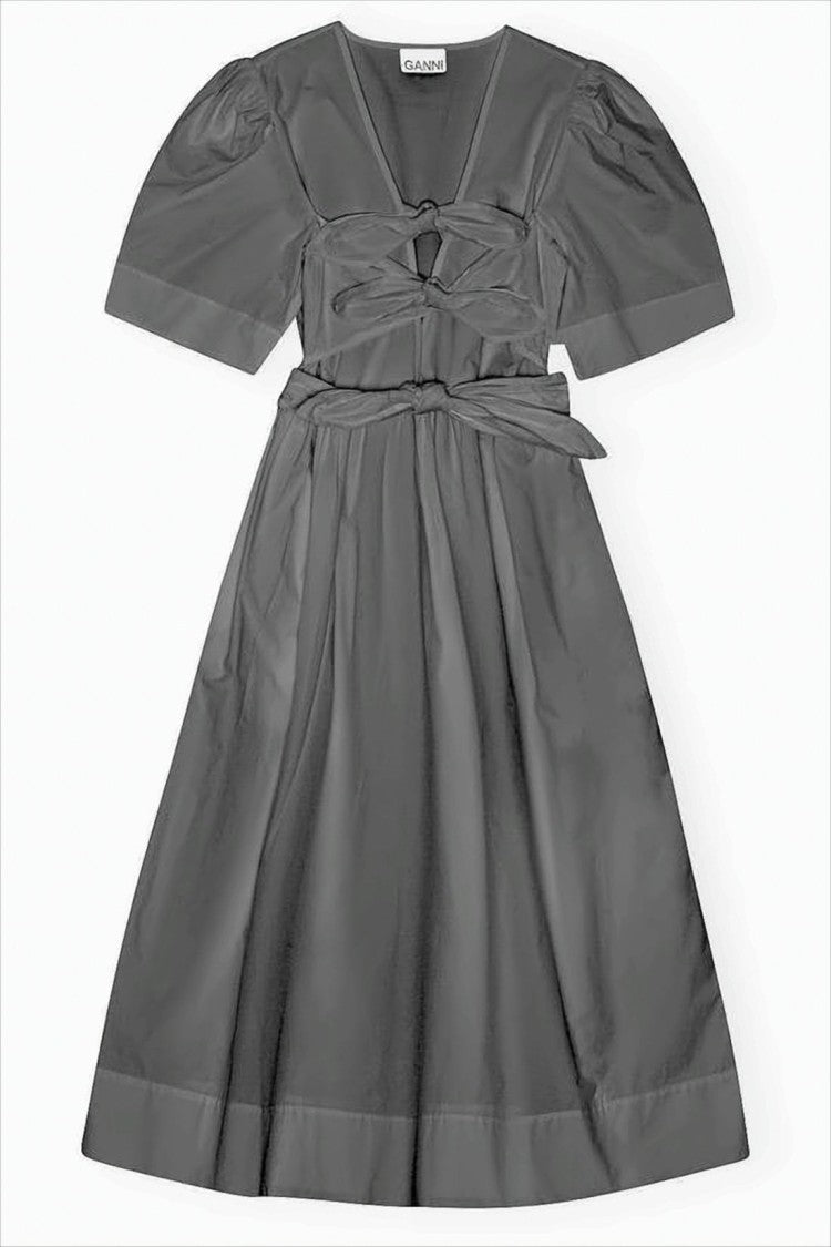 Ganni Puffed Sleeve Midi Dress With Cut-Out Detail