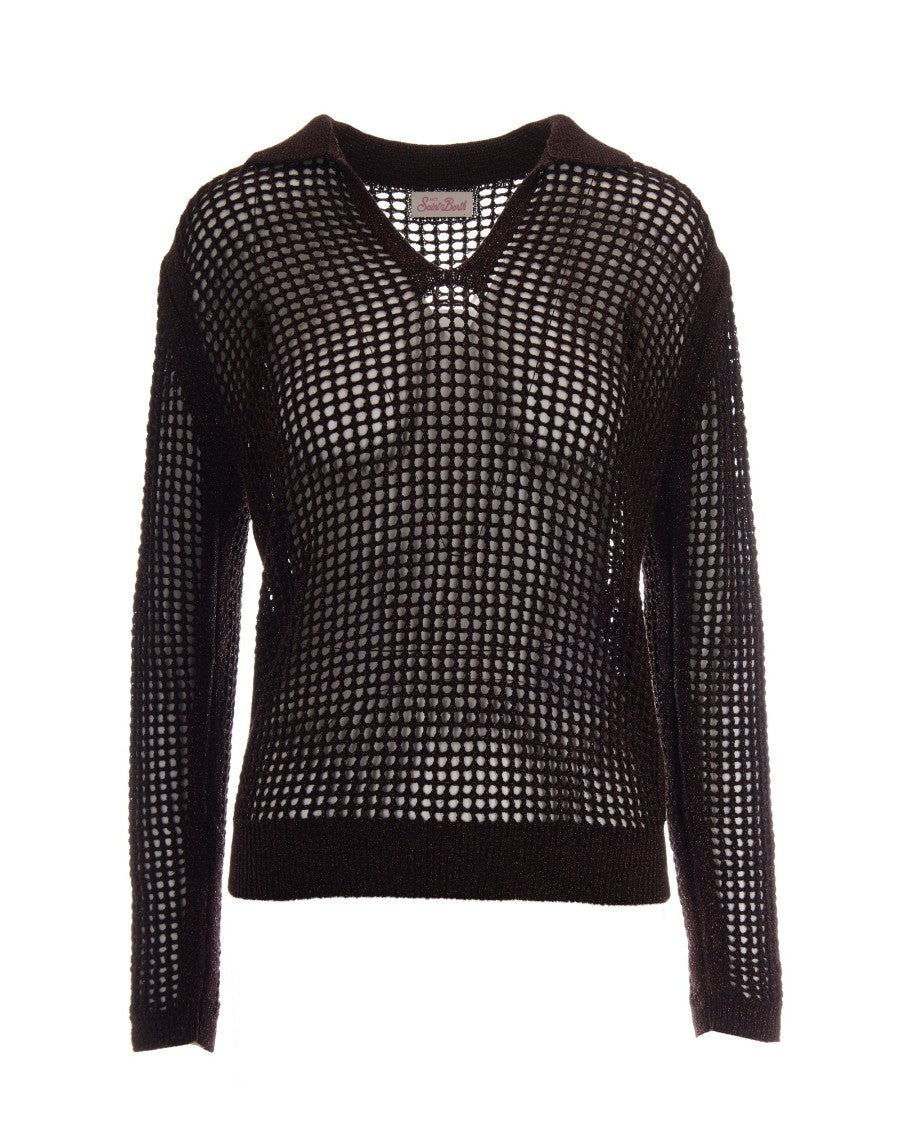 Mc2 Saint Barth Loosely Knit Mesh Sweater With Open Collar And Lurex Detail