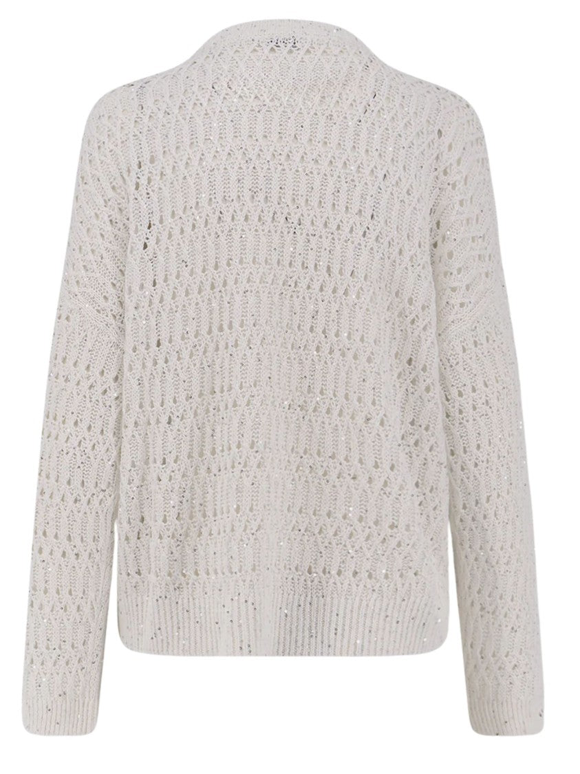 Brunello Cucinelli Beige Linen Crochet Sequin Sweater